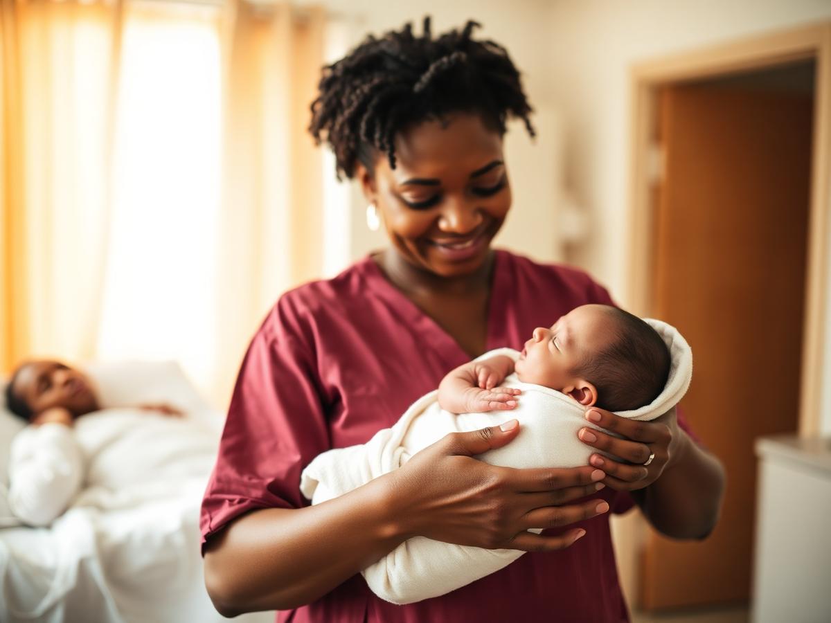 A Nigerian midwife holding a healthy newborn wrapped in a soft blanket